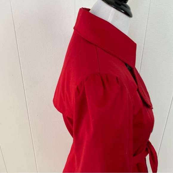 H&M Trench Coat Womens Sz 4 Cherry Red Double Breasted Jacket Tie Waist Flared - Picture 5 of 16